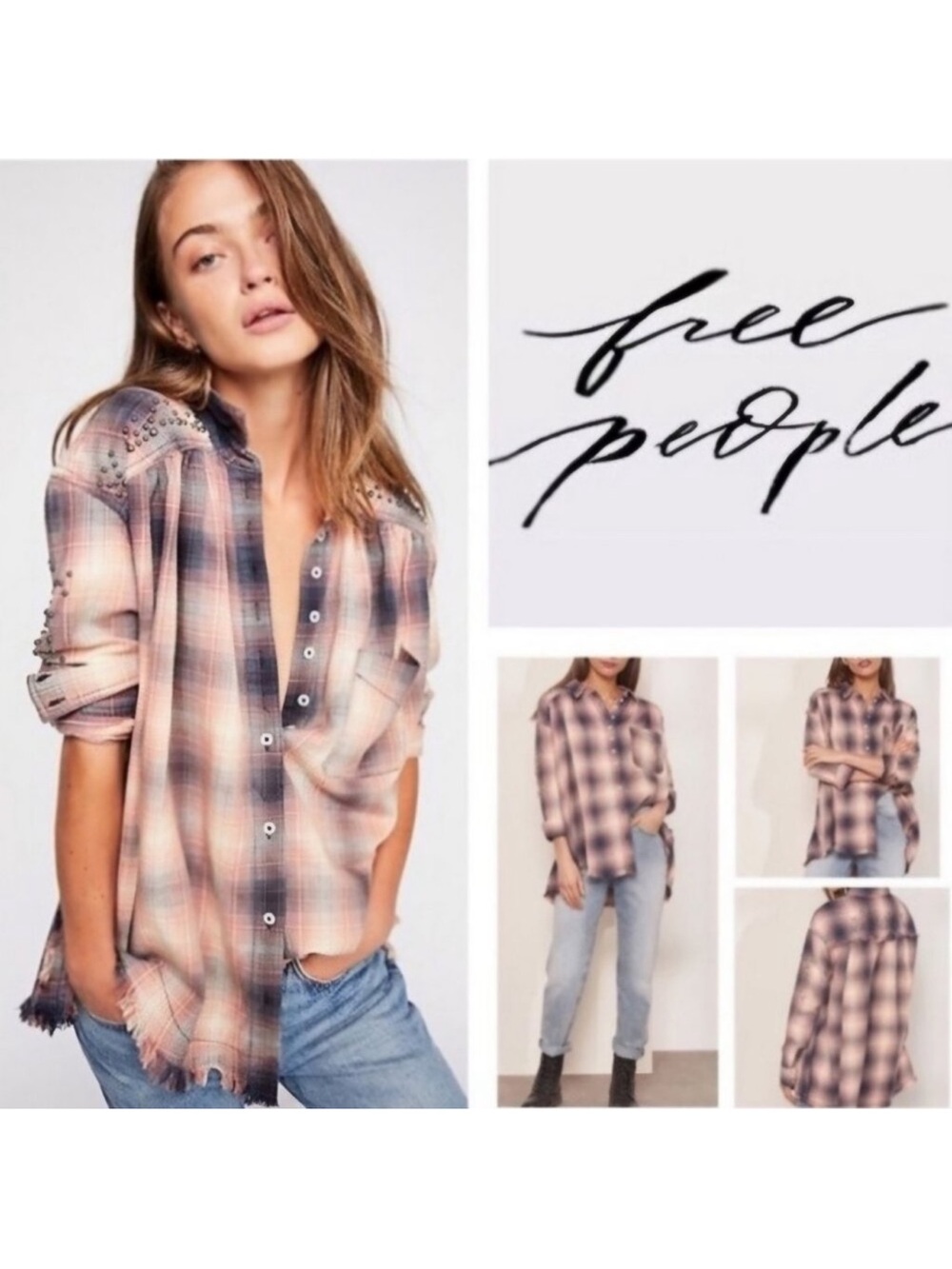 Free People TAKE ME ON Studded & frayed Plaid long sleeve Shirt -size S